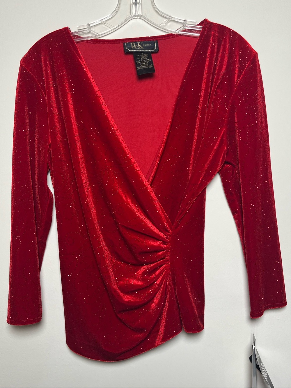 R&K NWT Evening Red Velvet Faux Sparkle Wrap-Style Vintage Y2K Women's Top
